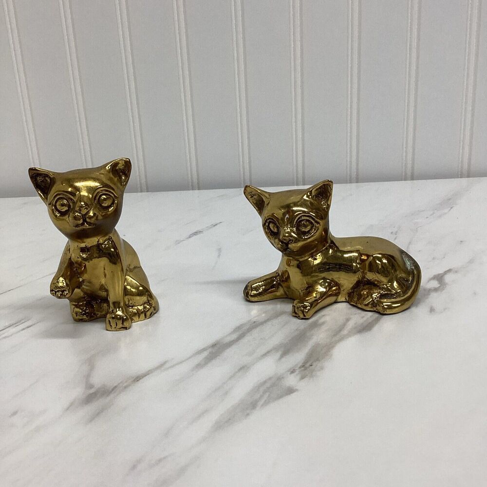 Vintage Brass Cat Figurine Gold Collectible Shelf Decor Kittens Gift Home *C